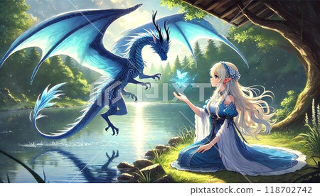 湖邊與藍龍互動的精靈女孩 湖邊與藍龍互動的精靈女孩 118702742