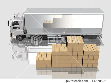 使用運輸卡車和裝載紙板來表達運輸和物流的 3DCG 圖像。 118703069