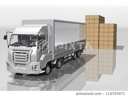 A 3DCG image of a transport truck and a loaded cardboard box representing transportation and logistics A 3DCG image of a transport truck and a loaded cardboard box representing transportation and logistics 118703071