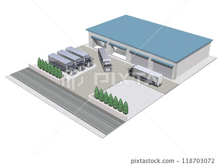A 3DCG illustration depicting a bird's-eye view of a logistics warehouse and a large truck. A 3DCG illustration depicting a bird's-eye view of a logistics warehouse and a large truck. 118703072