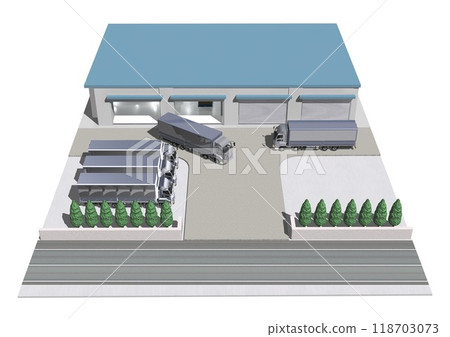 A 3DCG illustration depicting a bird's-eye view of a logistics warehouse and a large truck. A 3DCG illustration depicting a bird's-eye view of a logistics warehouse and a large truck. 118703073