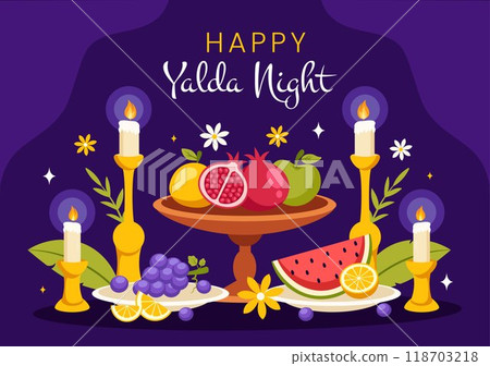 Happy Yalda Night Vector Illustration of an Iranian Festival, featuring a Watermelon Slice, Pomegranate, Candles, and Lemon in a Flat Background Happy Yalda Night Vector Illustration of an Iranian Festival, featuring a Watermelon Slice, Pomegranate, Candles, and Lemon in a Flat Background 118703218