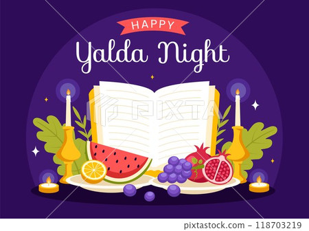 Happy Yalda Night Vector Illustration of an Iranian Festival, featuring a Watermelon Slice, Pomegranate, Candles, and Lemon in a Flat Background Happy Yalda Night Vector Illustration of an Iranian Festival, featuring a Watermelon Slice, Pomegranate, Candles, and Lemon in a Flat Background 118703219