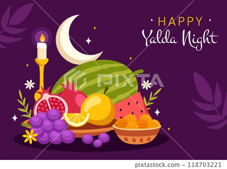 Happy Yalda Night Vector Illustration of an Iranian Festival, featuring a Watermelon Slice, Pomegranate, Candles, and Lemon in a Flat Background Happy Yalda Night Vector Illustration of an Iranian Festival, featuring a Watermelon Slice, Pomegranate, Candles, and Lemon in a Flat Background 118703221