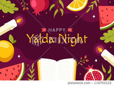 Happy Yalda Night Vector Illustration of an Iranian Festival, featuring a Watermelon Slice, Pomegranate, Candles, and Lemon in a Flat Background Happy Yalda Night Vector Illustration of an Iranian Festival, featuring a Watermelon Slice, Pomegranate, Candles, and Lemon in a Flat Background 118703228