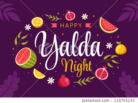 Happy Yalda Night Vector Illustration of an Iranian Festival, featuring a Watermelon Slice, Pomegranate, Candles, and Lemon in a Flat Background Happy Yalda Night Vector Illustration of an Iranian Festival, featuring a Watermelon Slice, Pomegranate, Candles, and Lemon in a Flat Background 118703232