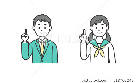 Upper body illustration of male and female students pointing Upper body illustration of male and female students pointing 118703245