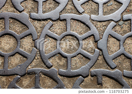 A close-up of the cast-iron sidewalk. A close-up of the cast-iron sidewalk. 118703275