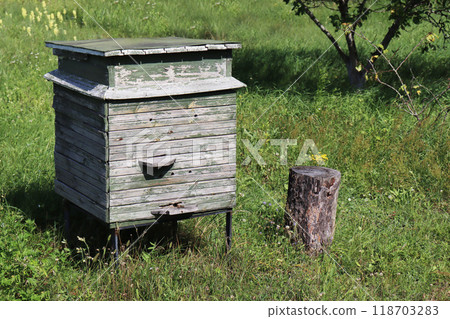 A hive of bees between in a field on a farm. A hive of bees between in a field on a farm. 118703283