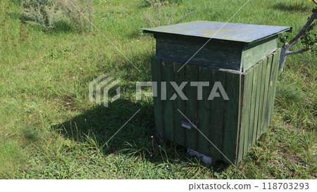 A bee hive on green grass. A bee hive on green grass. 118703293