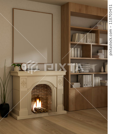 The interior design of a contemporary luxurious living room featuring a beautiful classic fireplace. 118703451
