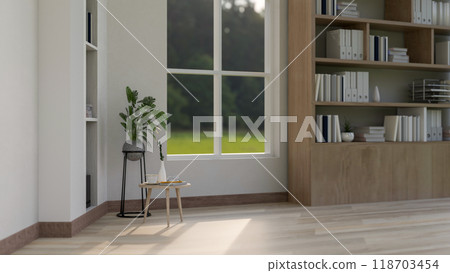 An indoor corner in a contemporary minimalist home corridor featuring home decor. 118703454