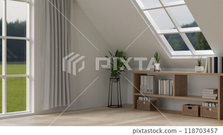 A minimalist and comfortable home featuring home decor and a nature view through the window. A minimalist and comfortable home featuring home decor and a nature view through the window. 118703457