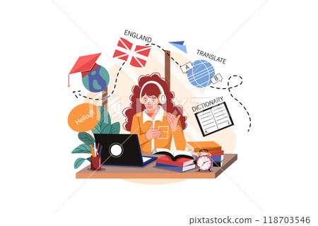 The girl learns English listening online 118703546