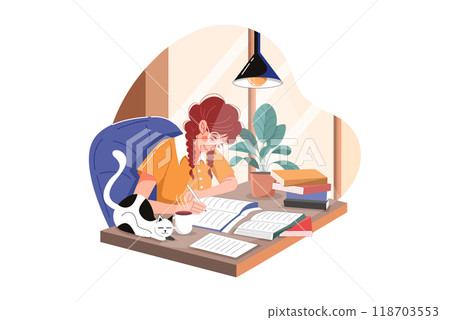 Girl student sit at desk and study 118703553