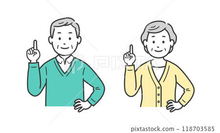 Upper body illustration of an elderly man and woman pointing 118703585