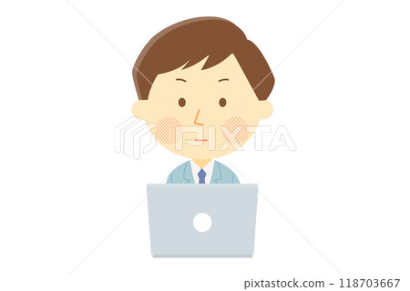Illustration of a male employee using a computer with a serious face 118703667