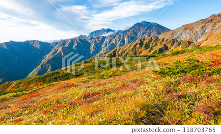 Climbing Mt. Karamatsu in autumn (viewing Mt. Kashima-Yari and Mt. Goryu from Mt. Happo) 118703765