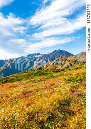 Climbing Mt. Karamatsu in autumn (viewing Mt. Kashima-Yari and Mt. Goryu from Mt. Happo) 118703766