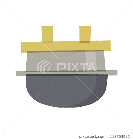A Japanese-style cooking pot, a large round metal pot with a wooden lid. 118703935