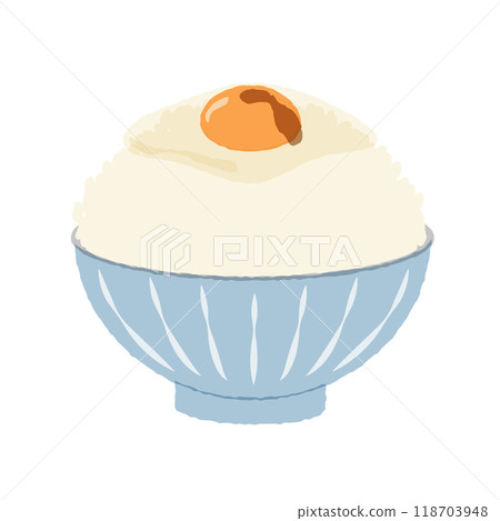 雞蛋米飯的插圖。這是一道簡單的日本菜，由碎生雞蛋放在白米飯上，淋上醬油組成。 118703948