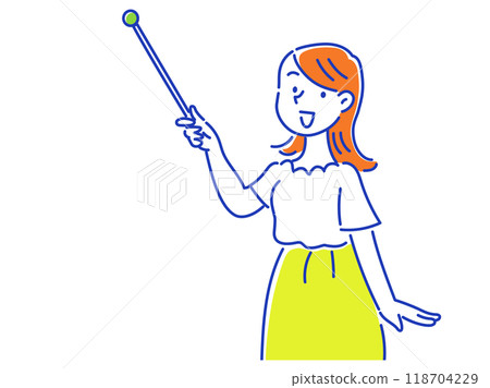 A smiling young woman wearing a skirt explaining with a pointer A smiling young woman wearing a skirt explaining with a pointer 118704229