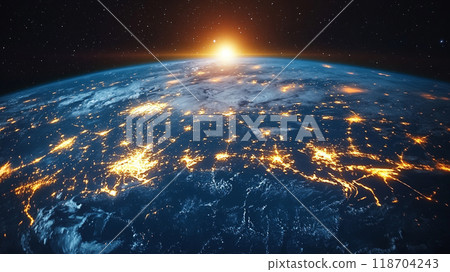 Planet earth from space with light lines of communication and connection. Business concept. Planet earth from space with light lines of communication and connection. Business concept. 118704243