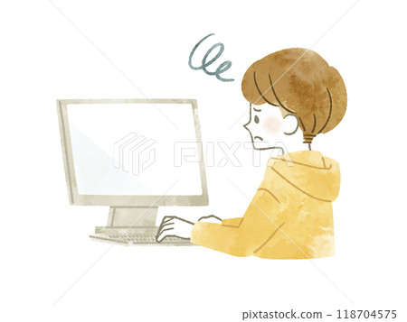 一個男人帶著困惑的表情使用電腦 — 水彩 118704575