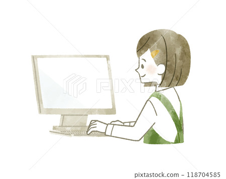 A woman wearing an apron using a computer - watercolor A woman wearing an apron using a computer - watercolor 118704585
