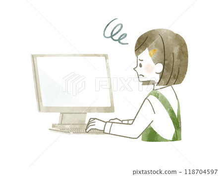A woman wearing an apron using a computer with a troubled expression - watercolor A woman wearing an apron using a computer with a troubled expression - watercolor 118704597