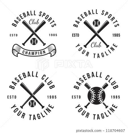 Vintage Classic Baseball Club Design Set with Crossed Bats and Balls, Retro Design Vector Illustration Vintage Classic Baseball Club Design Set with Crossed Bats and Balls, Retro Design Vector Illustration 118704607
