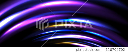 Glowing neon light trail background. Bright blue purple arc speed lines. Magic luminous curved road concept. Bent dynamic arch stripes. Shiny streaks for poster, banner, flyer, brochure. Vector 118704702