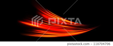 Glowing neon light trail element. Bright red orange speed line wave. Hot luminous curved swirl concept. Abstract bent dynamic motion stripes. Shiny fire streaks for poster, banner, flyer. Vector 118704706