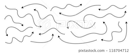 Black dotted thin arrows set. Wavy and curved dashed arrow collection. Wiggly sketched pointers and direction lines. Dots squiggle stripe design elements bundle for flyer, poster, brochure. Vector Black dotted thin arrows set. Wavy and curved dashed arrow collection. Wiggly sketched pointers and direction lines. Dots squiggle stripe design elements bundle for flyer, poster, brochure. Vector 118704712