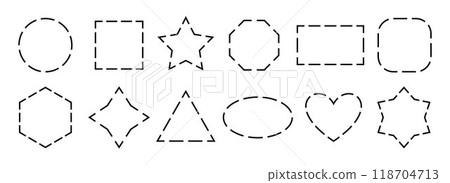 Black dashed frame collection. Dashed outline geometric border set. Geometric dotted shape pack. Outline cut out element design bundle for poster, banner, flyer, brochure, leaflet, booklet. Vector Black dashed frame collection. Dashed outline geometric border set. Geometric dotted shape pack. Outline cut out element design bundle for poster, banner, flyer, brochure, leaflet, booklet. Vector 118704713
