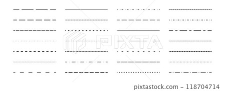 Black straight dashed line set. Dotted dividers and separators design element collection. Broken stroke pack for underline, emphasis, highlight. Repeated dash thin lines bundle. Vector Black straight dashed line set. Dotted dividers and separators design element collection. Broken stroke pack for underline, emphasis, highlight. Repeated dash thin lines bundle. Vector 118704714