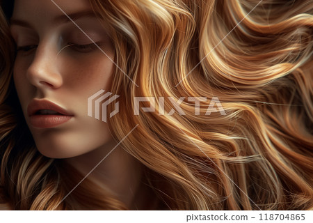 A young woman showcases her long, wavy hair in rich warm hues as she relaxes. The soft afternoon light highlights her features against a dark backdrop, creating a serene atmosphere. A young woman showcases her long, wavy hair in rich warm hues as she relaxes. The soft afternoon light highlights her features against a dark backdrop, creating a serene atmosphere. 118704865