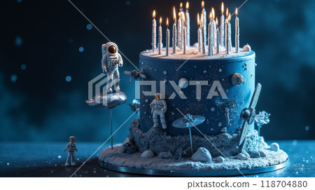 A beautifully crafted space-themed birthday cake features an astronaut figurine and candles atop a blue design with starry elements, perfect for a cosmic celebration. 118704880