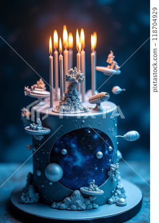 The intricately designed cake features a galaxy motif and detailed decorations like rockets and stars, illuminated by lit candles and surrounded by a cosmic ambiance. 118704929