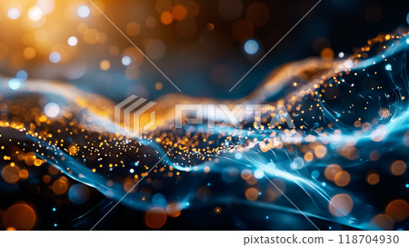 A mesmerizing display of glowing waves in blue and gold, creating a fluid motion that captures the essence of light and energy. Perfect for a modern digital background. 118704930