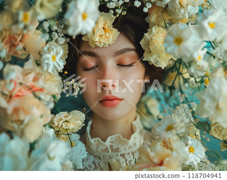 A young woman with closed eyes and soft features is enveloped in an array of white and yellow flowers, creating a peaceful and harmonious atmosphere. 118704941
