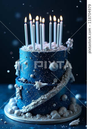 The cake features a vibrant blue design adorned with astronaut figurines, sparkling details, and lit candles, making it perfect for a space-themed birthday party. The cake features a vibrant blue design adorned with astronaut figurines, sparkling details, and lit candles, making it perfect for a space-themed birthday party. 118704979