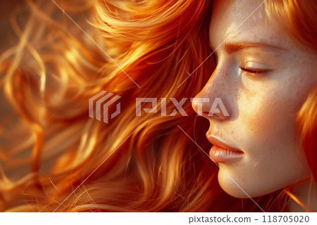 Soft golden light highlights the features of a woman with vibrant red hair as she gazes thoughtfully into the distance, capturing a serene moment at sunset. 118705020