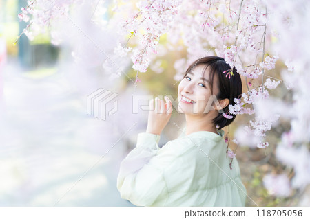 觸摸櫻花的女人、看著櫻花的女人、欣賞櫻花的女人 118705056