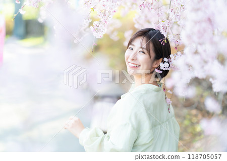 A woman touching a cherry blossom, a woman looking at cherry blossoms, a woman admiring cherry blossoms A woman touching a cherry blossom, a woman looking at cherry blossoms, a woman admiring cherry blossoms 118705057