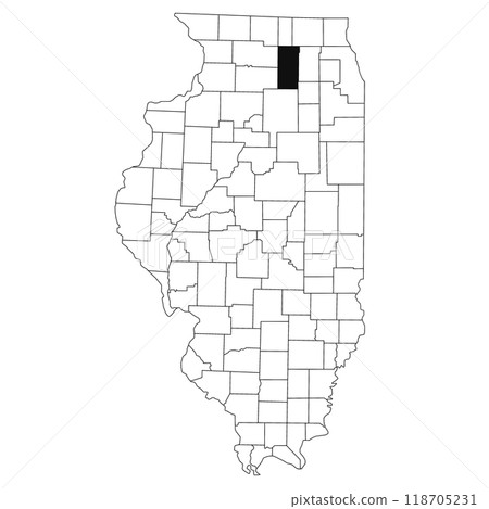 Map of DeKalb County in Illinois state on white background. single County map highlighted by black colour on Illinois map. UNITED STATES, US 118705231