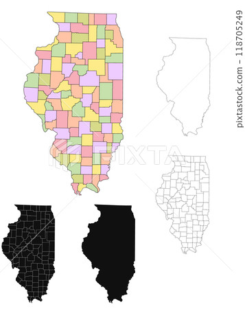 Illinois administrative map, Illinois outline and counties state map set - illustration version Illinois administrative map, Illinois outline and counties state map set - illustration version 118705249