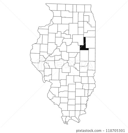 Map of Ford County in Illinois state on white background. single County map highlighted by black colour on Illinois map. UNITED STATES, US 118705301