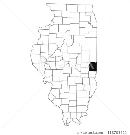 Map of Edgar County in Illinois state on white background. single County map highlighted by black colour on Illinois map. UNITED STATES, US 118705311