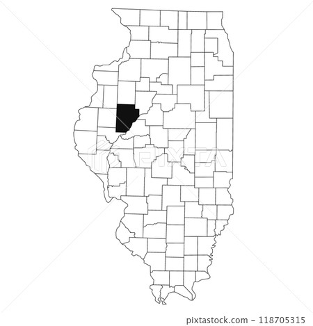 Map of Fulton County in Illinois state on white background. single County map highlighted by black colour on Illinois map. UNITED STATES, US 118705315